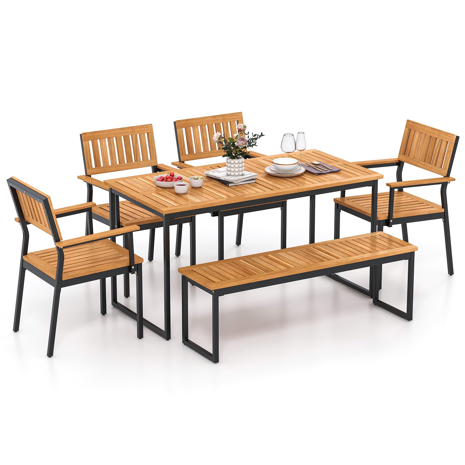 Tangkula Ensemble de salle à manger d'extérieur 6 pièces en bois d'acacia, table et chaises de patio avec banc pour 6-7 personnes